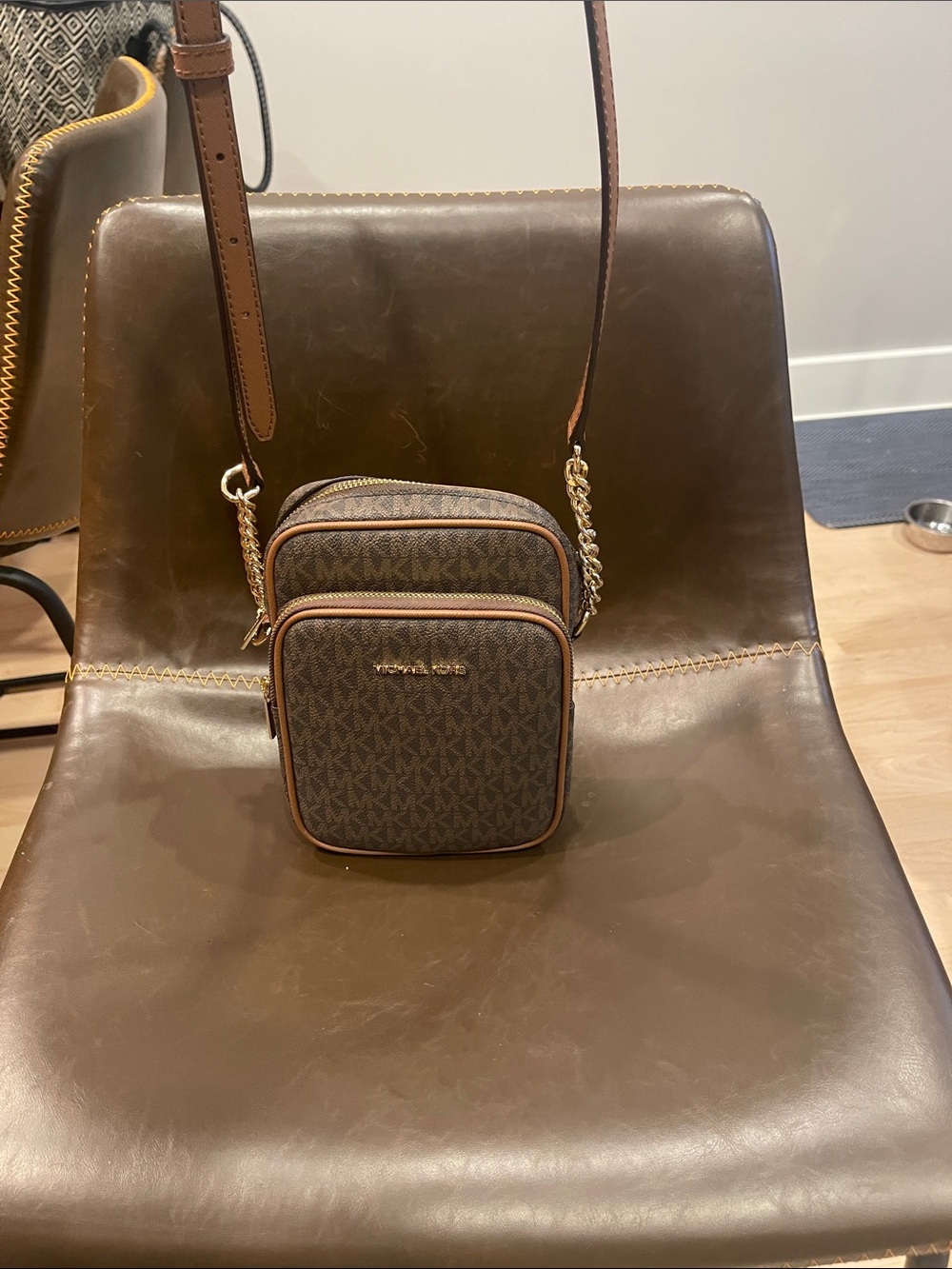 Michael Kors Brown Logo Square Crossbody with Gold Hardware